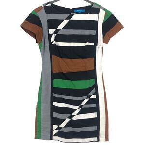 Derek Lam Shift Mini Dress Womens 4 Green Black Brown Striped Sheath Shift